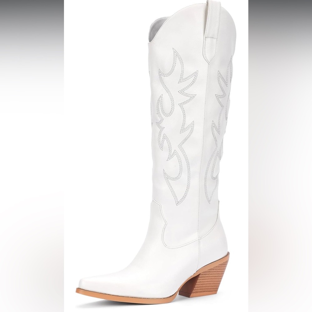 White Western-Style Knee-High Boots